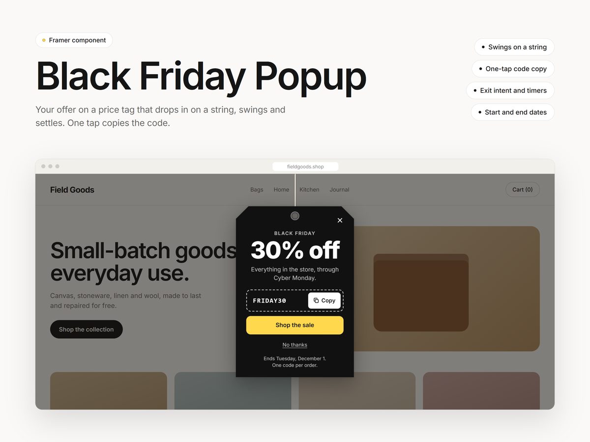 Black Friday Popup Framer component: a black price tag on a string showing 30% off with a coupon code and a Copy button