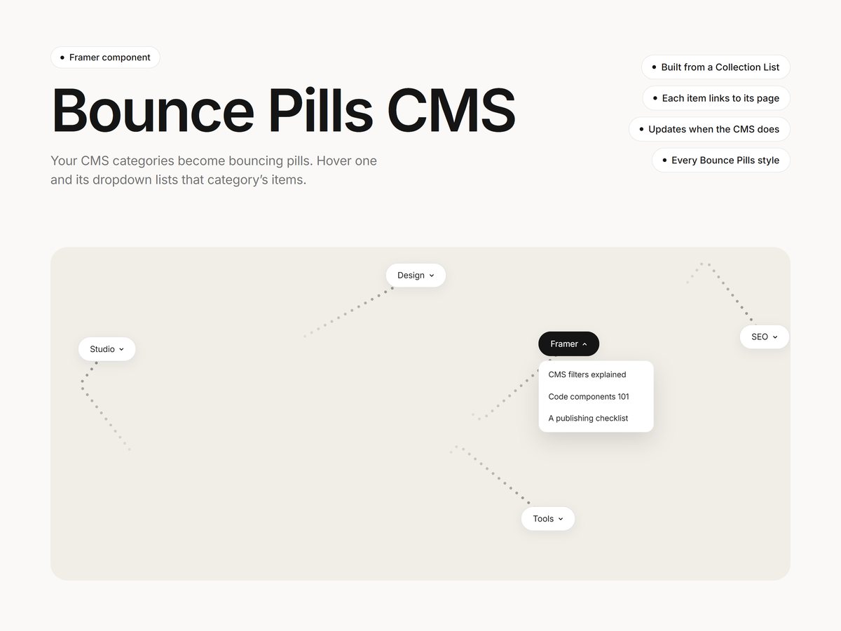 Bounce Pills CMS Framer component: CMS categories as bouncing pills, one open with a list of linked articles