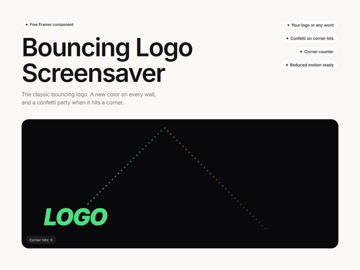 Bouncing Logo Screensaver Framer component: the word LOGO bouncing around a dark frame with a corner hit counter