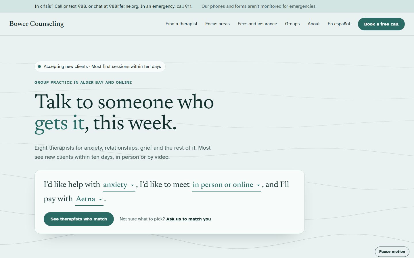Bower Framer template home page for a therapy practice