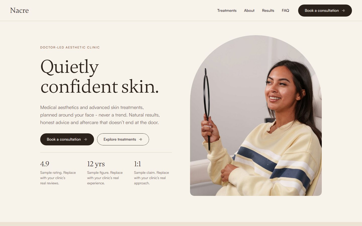 Nacre Lite free one-page Framer template for an aesthetic clinic