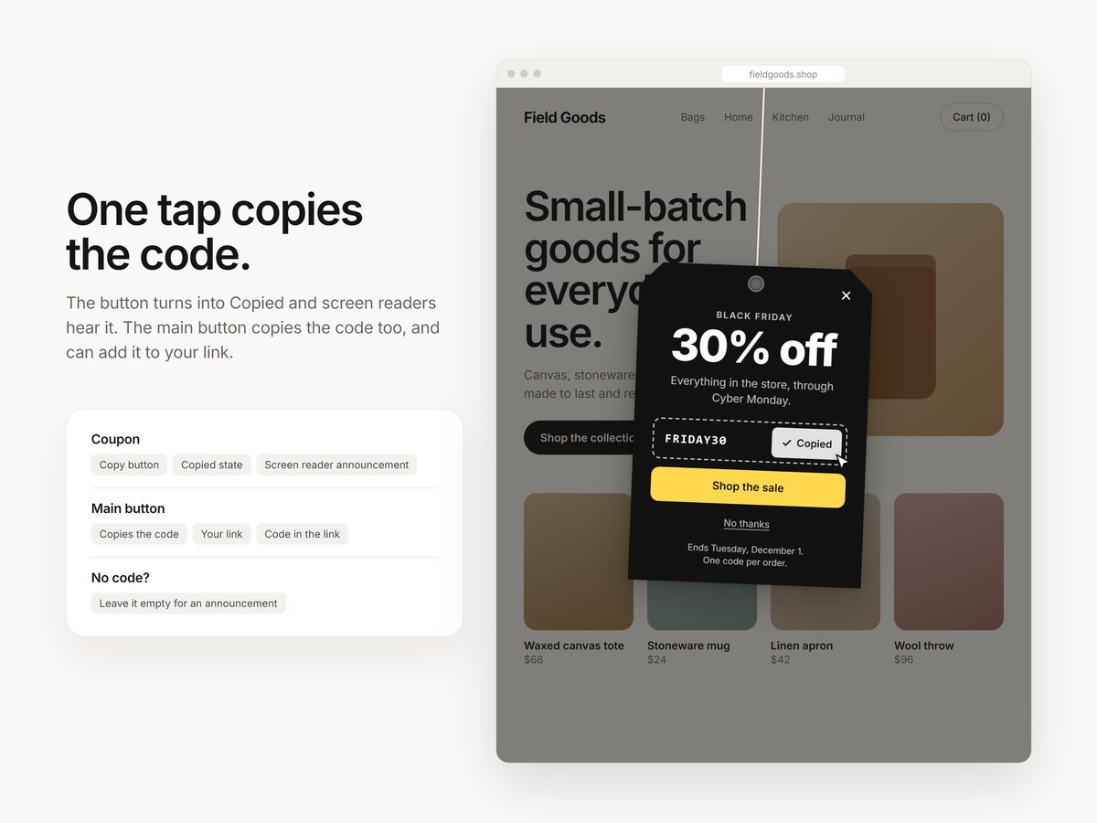 One tap copies the coupon code