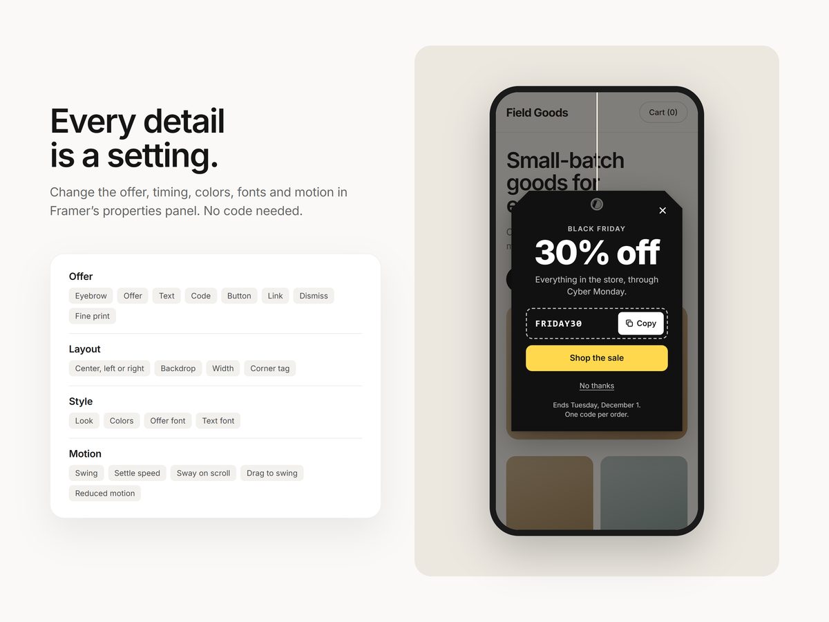 The settings in Framer's properties panel