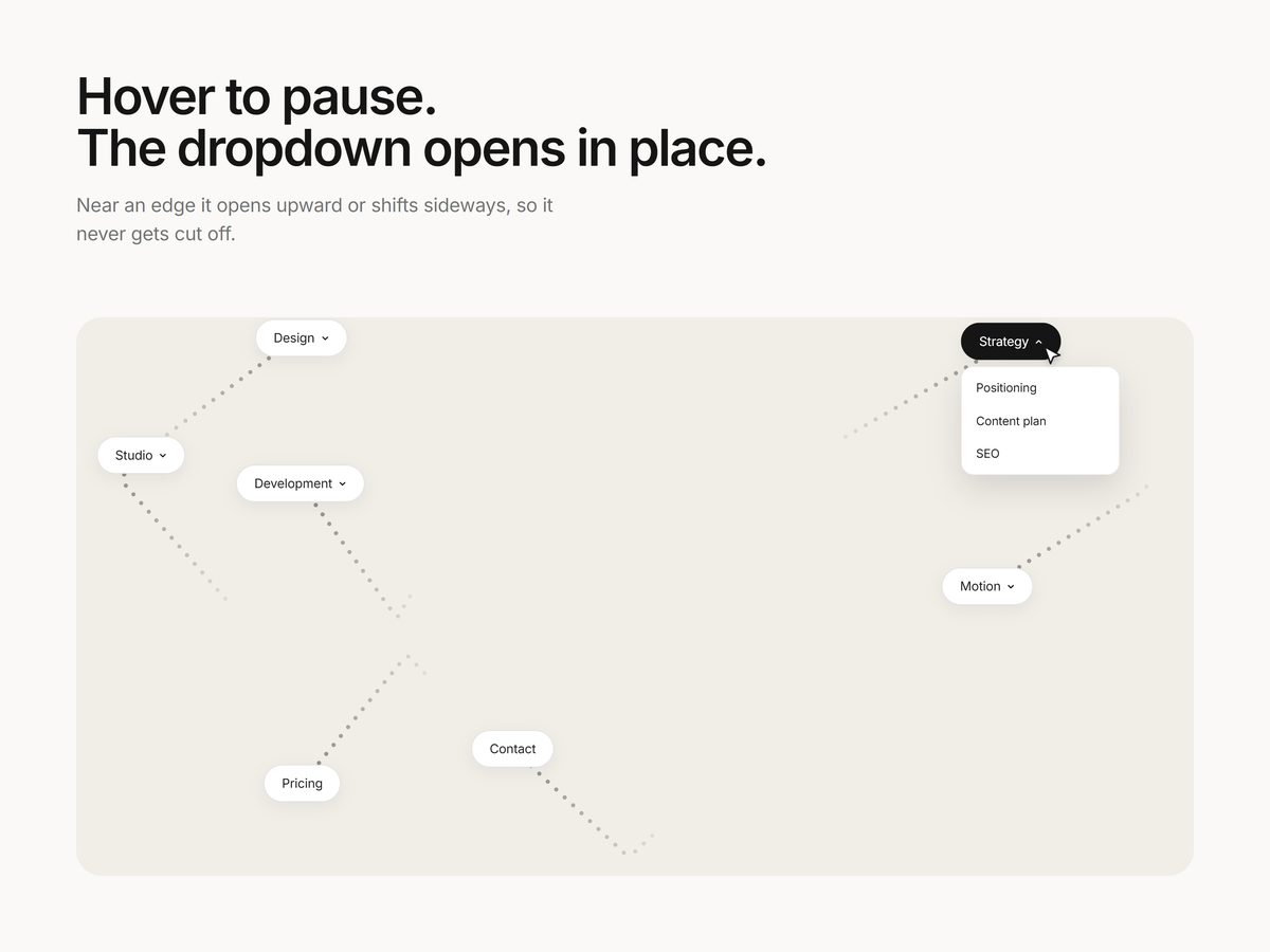 A pill stops and opens its dropdown on hover