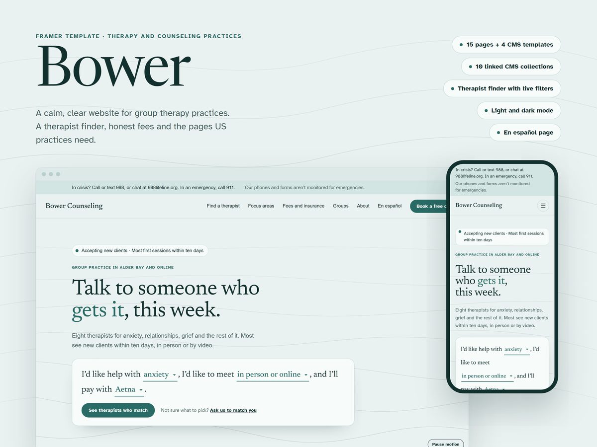Bower home page with the sentence finder, on desktop and phone