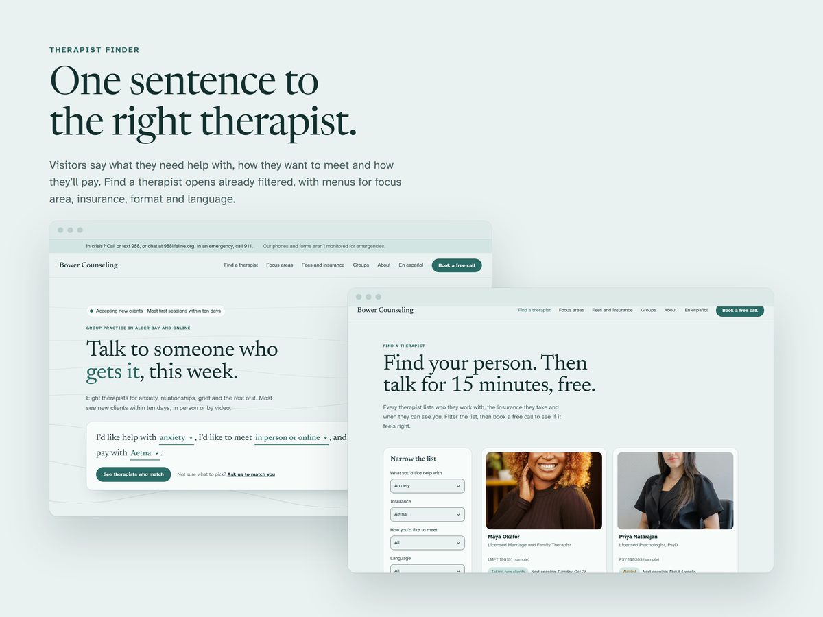The sentence finder beside the filtered Find a therapist board