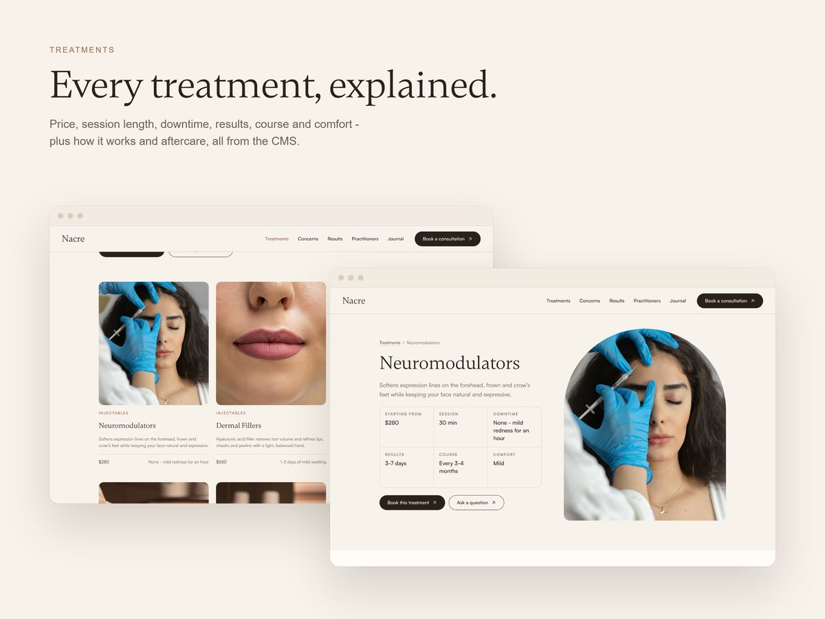 Treatments index with price, downtime and sessions
