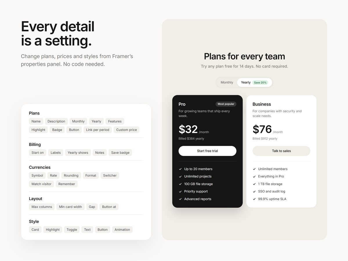 The settings in Framer's properties panel