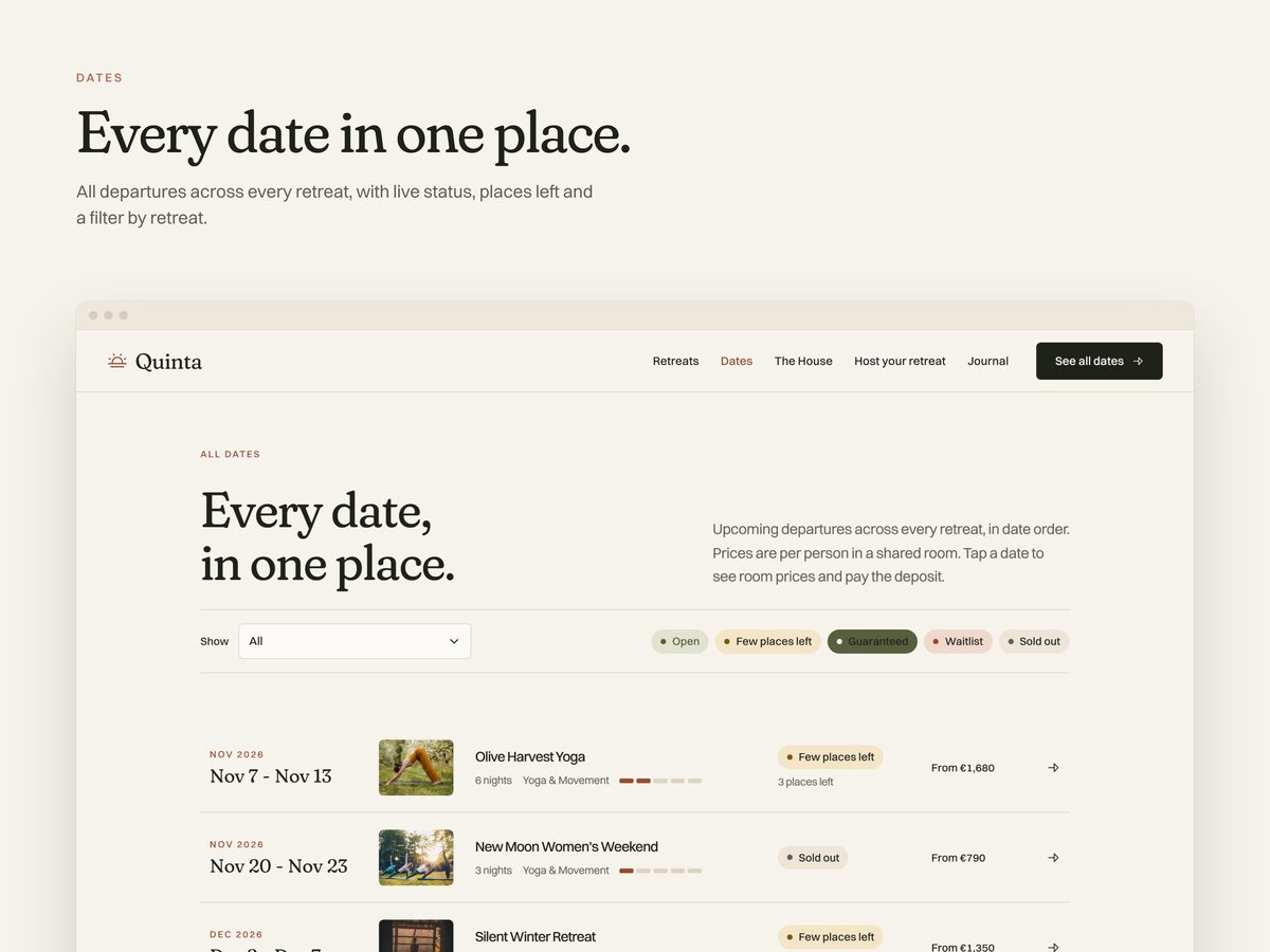 Dates page with every departure and a filter by retreat