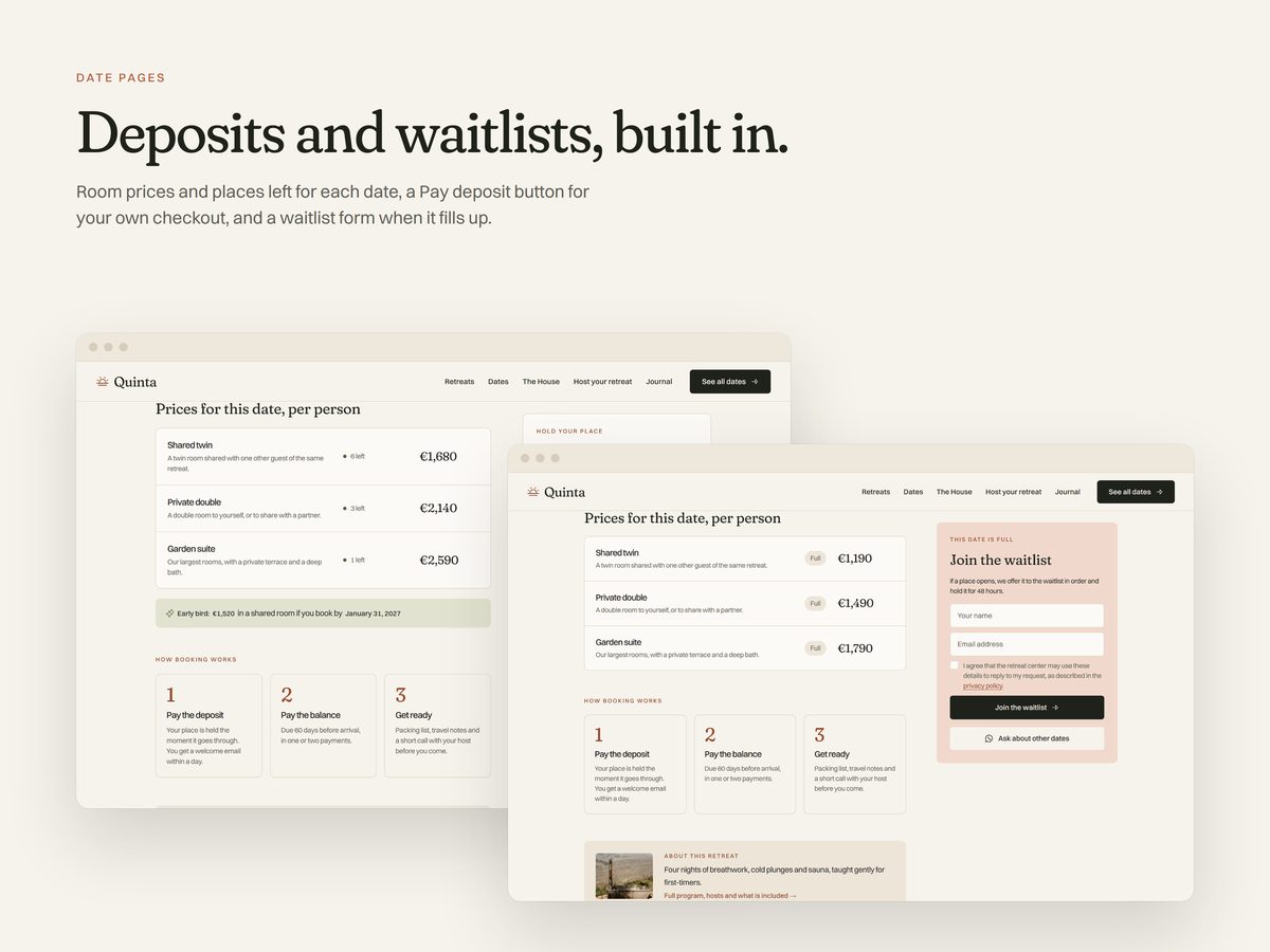 A date page with room prices, deposit button and waitlist