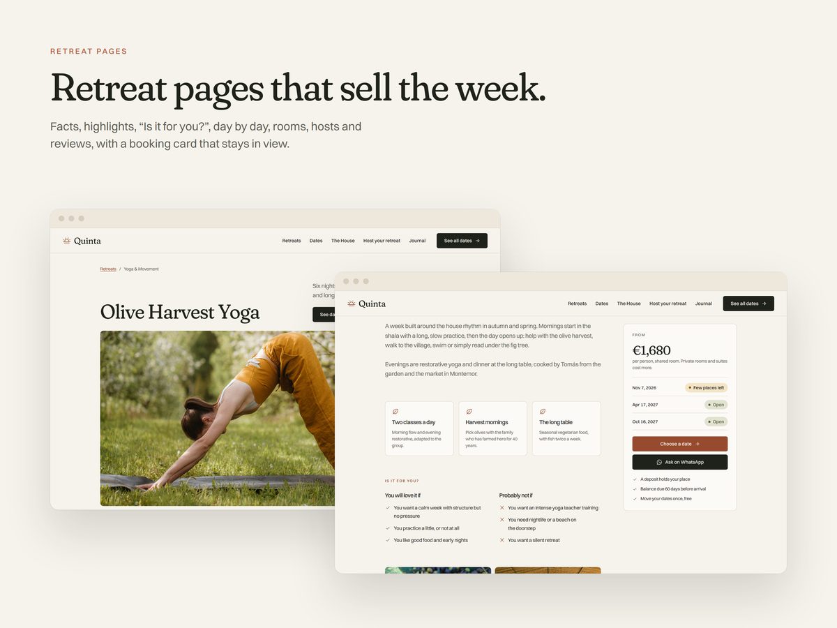 Retreat page with highlights and a booking card