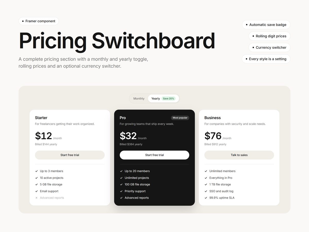 Pricing Switchboard Framer component: three pricing cards with a monthly and yearly toggle and a Save badge