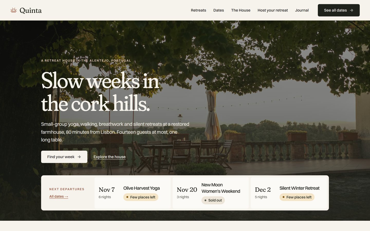 Quinta Framer template home page for a retreat center